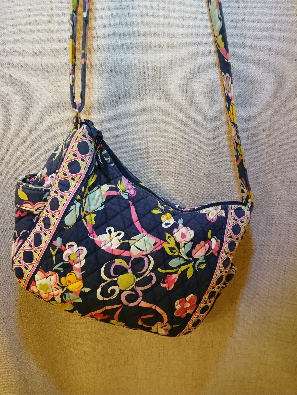 Vera Bradley Navy Quilted Floral Crossbody with Pink & Yellow Highlights Vintage